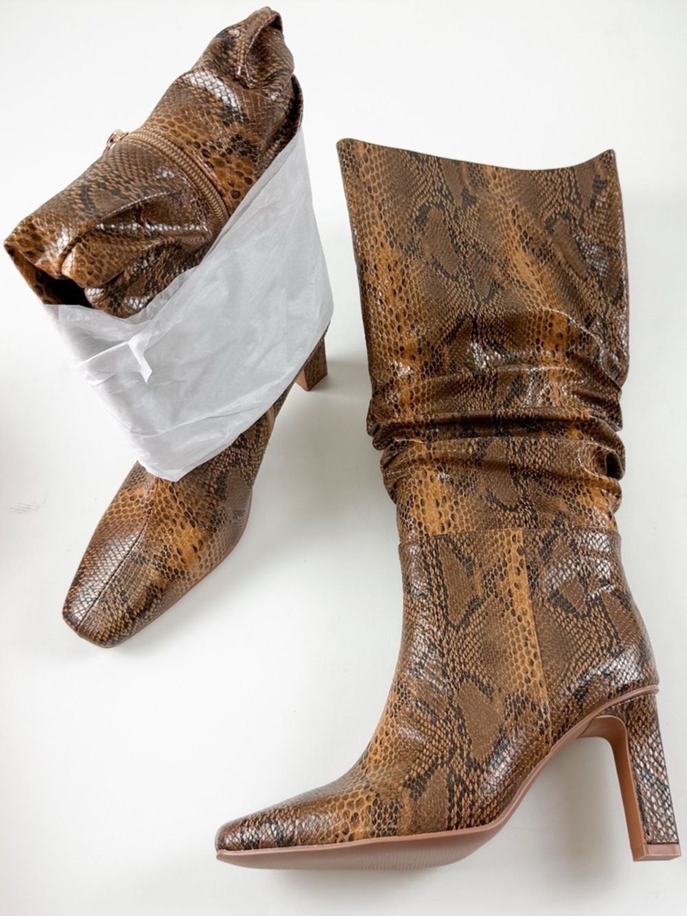Smash Shoes Fallon Knee High Slouch Dress Boots Womens 7 Brown Snake Heeled NEW